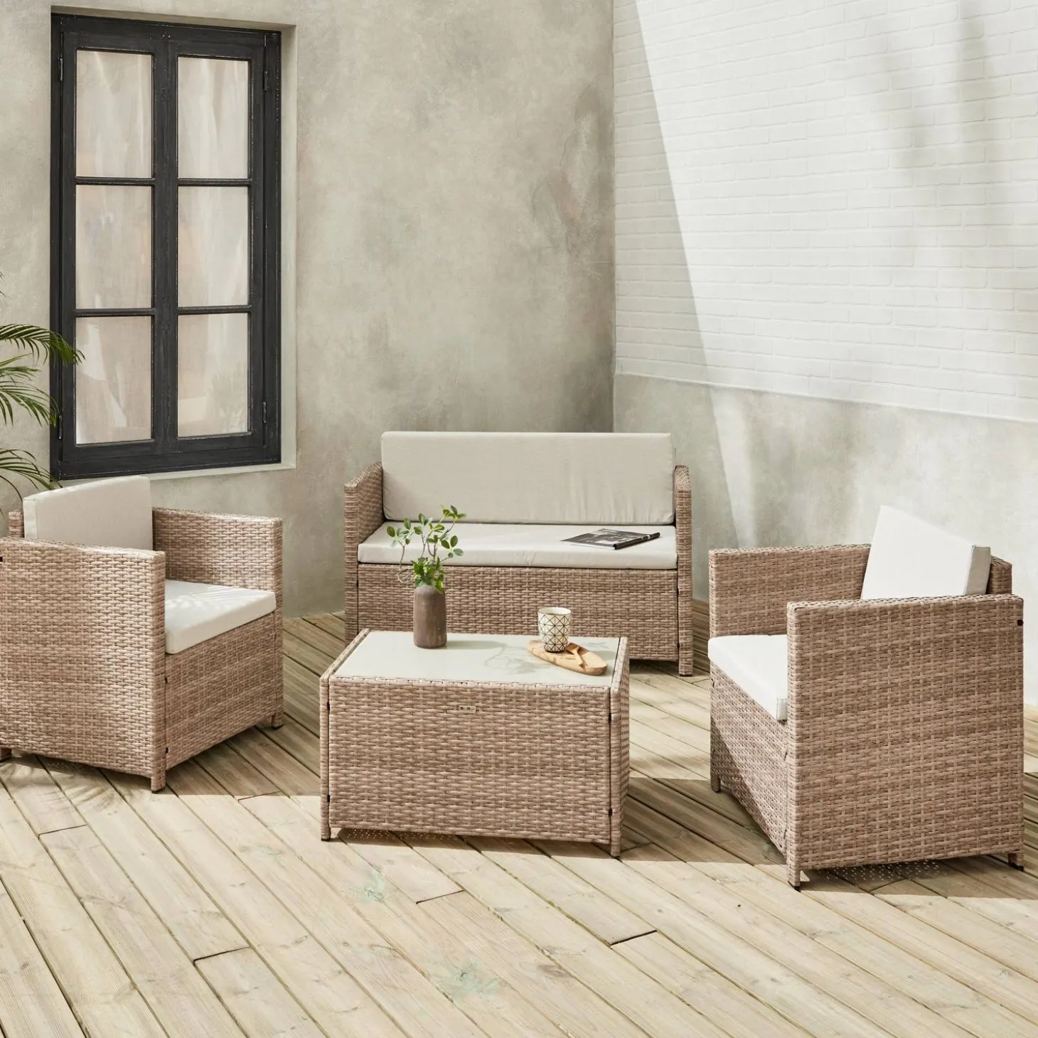 Conjunto de sofá de jardim de 4 lugares em resina tecida
