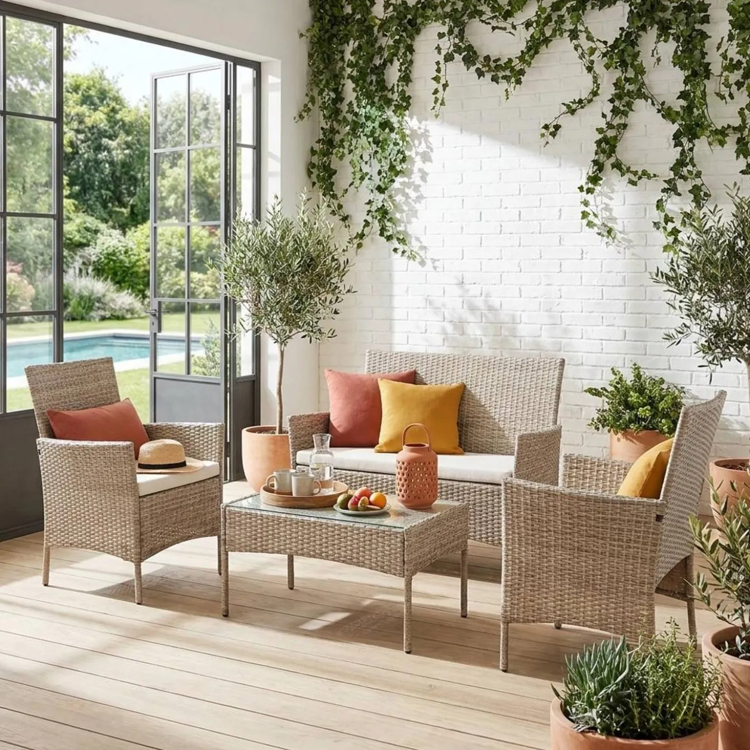 Conjunto de sofá de jardim em resina trançada, 4 lugares