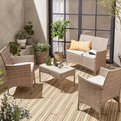 Conjunto de sofá de jardim em resina trançada, 4 lugares