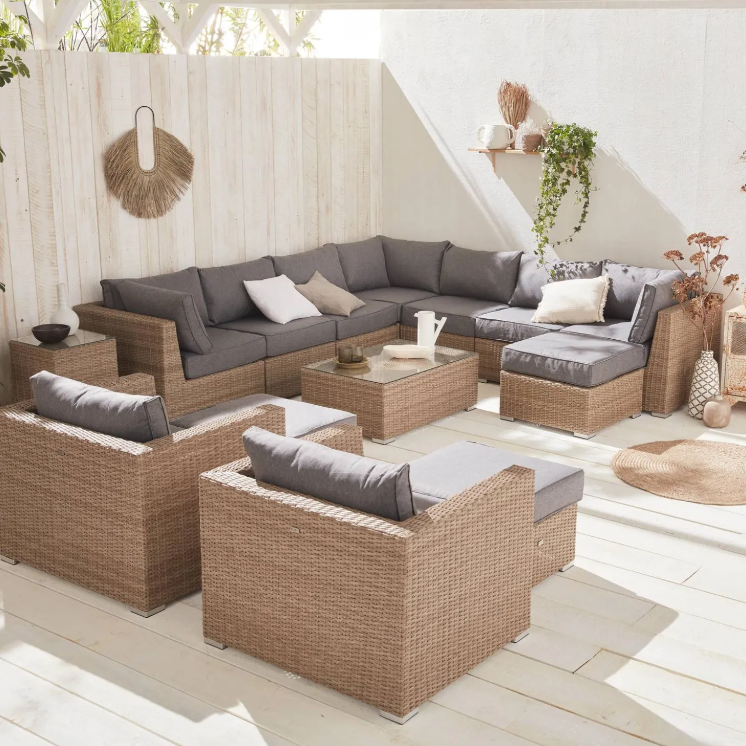 Conjunto de sofá de jardim em resina tecida, 12 a 14 lugares
