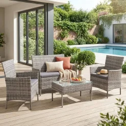 Conjunto de sofá de jardim em resina trançada, 4 lugares