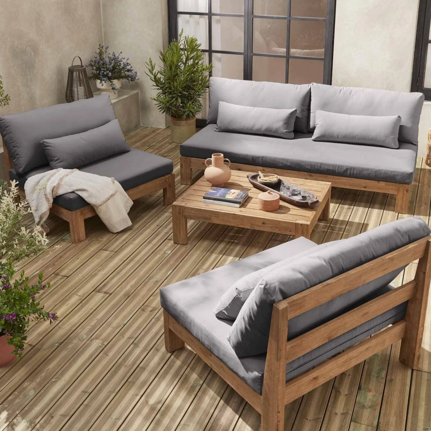 Conjunto de sofá de jardim relax em madeira, 5 lugares