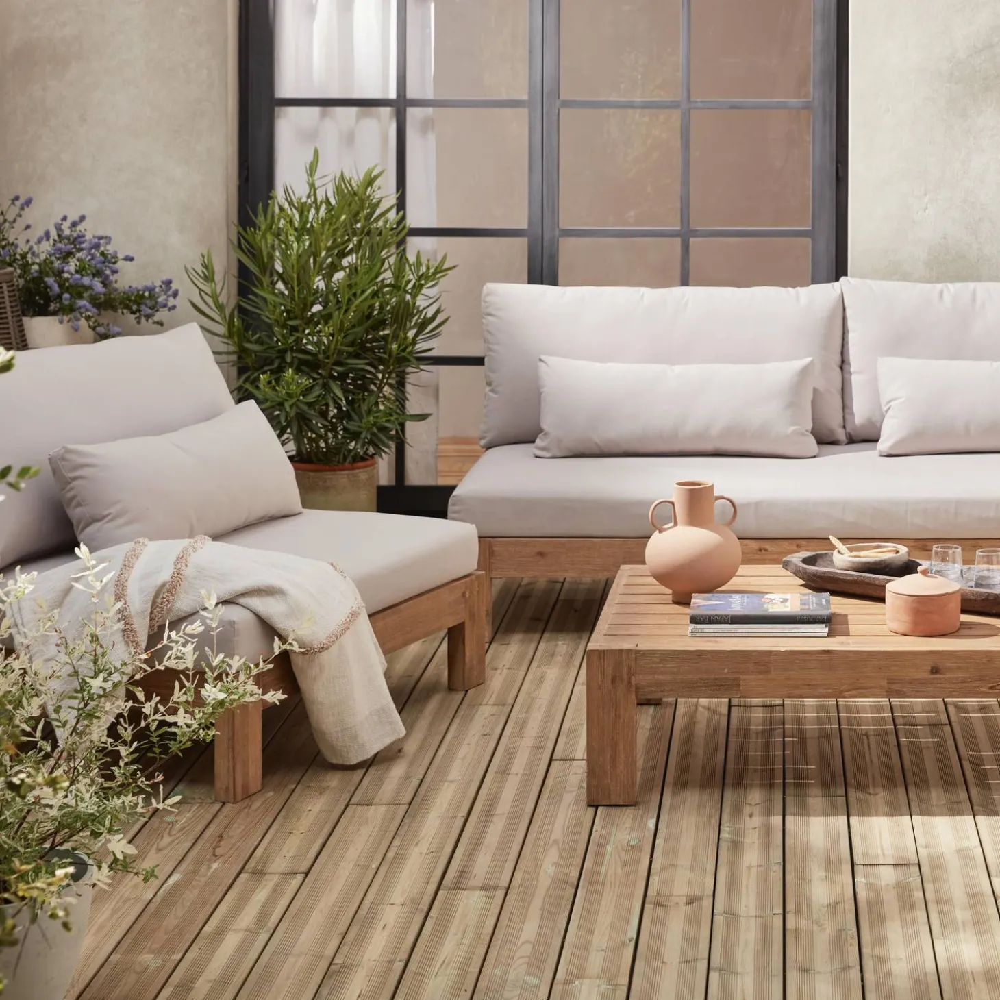 Conjunto de sofá de jardim relax em madeira, 5 lugares
