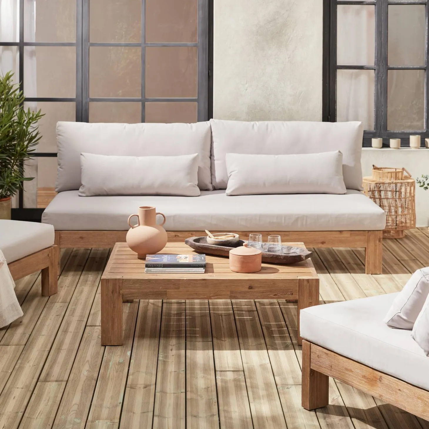 Conjunto de sofá de jardim relax em madeira, 5 lugares