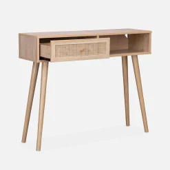 Consola escandinava com efeito de madeira e cana, 100cm