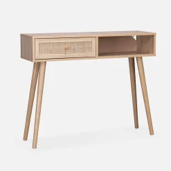 Consola escandinava com efeito de madeira e cana, 100cm