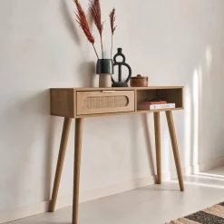 Consola escandinava com efeito madeira e cana, 100cm