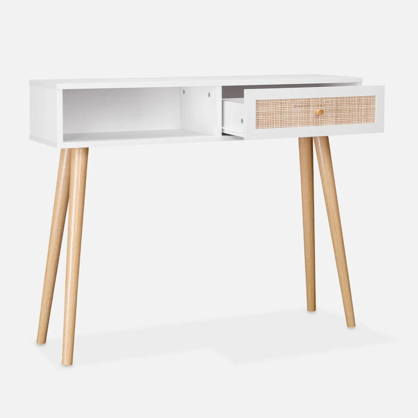 Consola escandinava com efeito de madeira e cana, 100cm