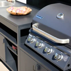Cozinha exterior de 3 módulos em aço inoxidável com churrasqueira a gás e 4 queimadores