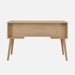 Escrivaninha efeito madeira e palhinha com 2 gavetas