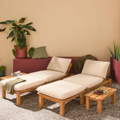 Espreguiçadeira modular multiposições em madeira de acácia com mesa, set de 2