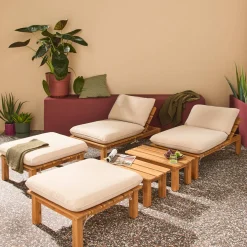 Espreguiçadeira modular multiposições em madeira de acácia com mesa, set de 2