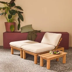 Espreguiçadeira modular multiposições em madeira de acácia com mesa