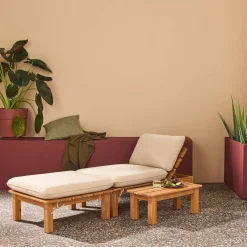 Espreguiçadeira modular multiposições em madeira de acácia com mesa