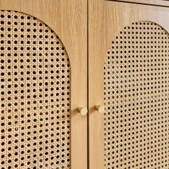 Estante biblioteca decoração madeira e palhinha, 4 níveis e 2 portas