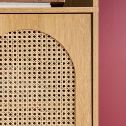 Estante biblioteca decoração madeira e palhinha, 4 níveis e 2 portas