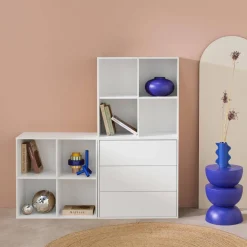 Estante, biblioteca modular decorativa de madeira, 3 gavetas e 8 nichos