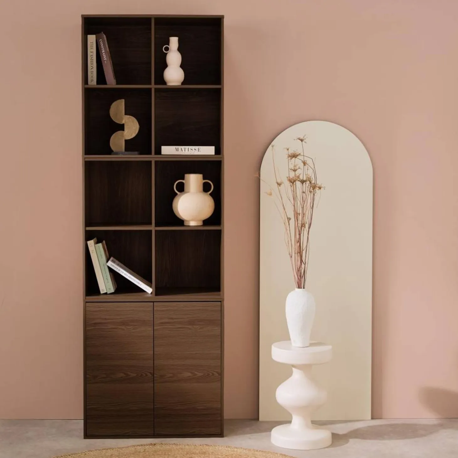 Estante, biblioteca modular decoração madeira, 2 portas e 8 nichos