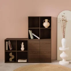 Estante, biblioteca modular decoração madeira, 2 portas e 8 nichos