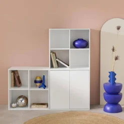 Estante, biblioteca modular decoração madeira, 2 portas e 8 nichos