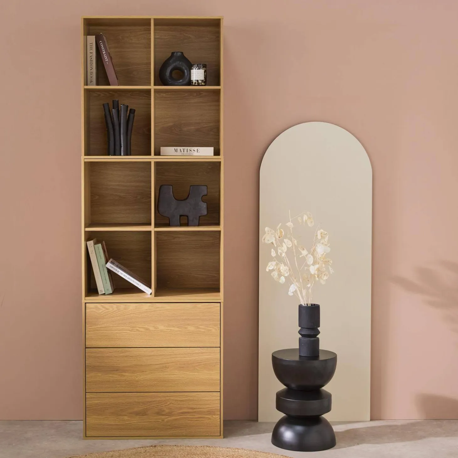 Estante, biblioteca modular decorativa de madeira, 3 gavetas e 8 nichos