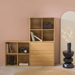 Estante, biblioteca modular decorativa de madeira, 3 gavetas e 8 nichos