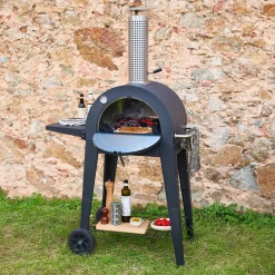 Forno de pizza de exterior a carvão com prateleira de apoio