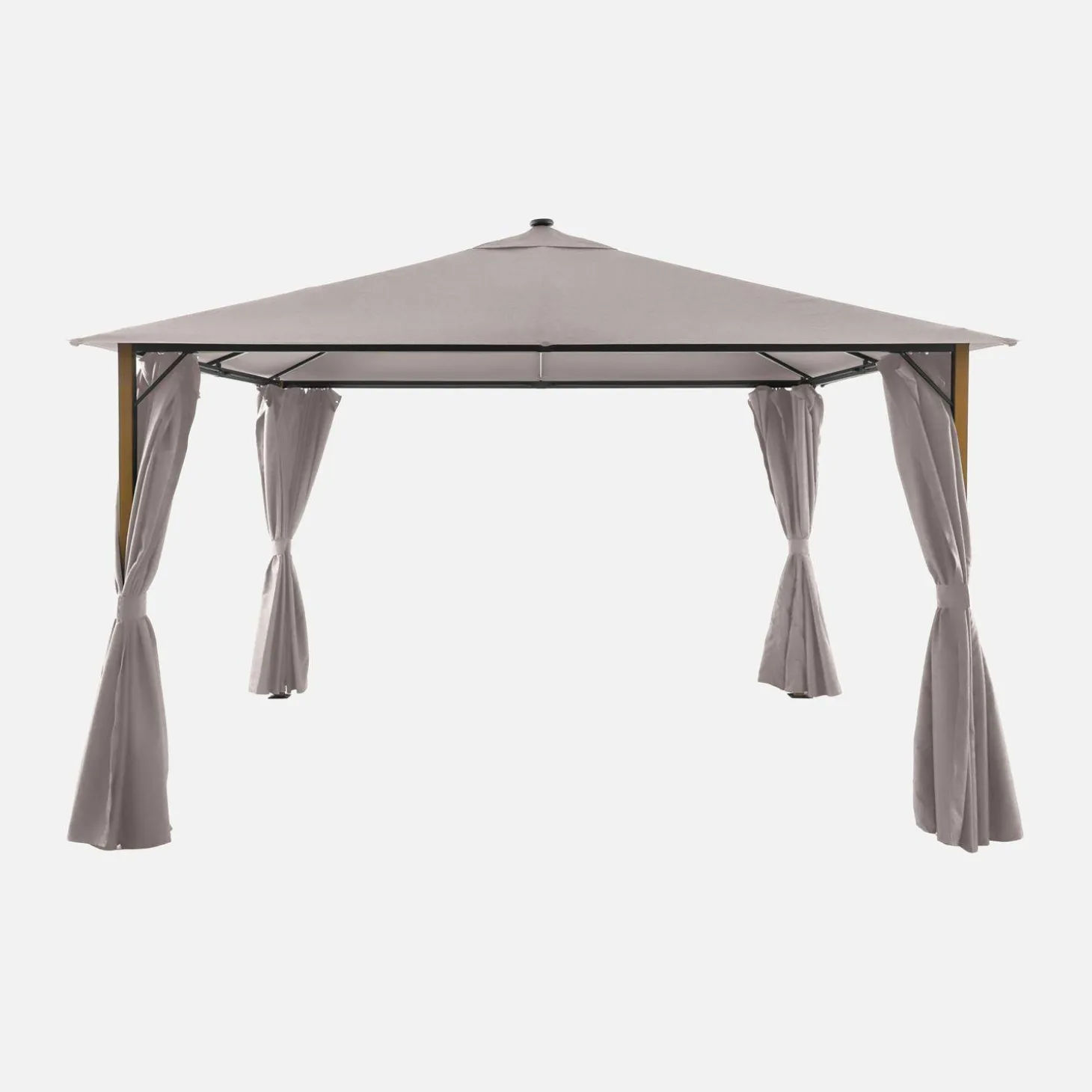 Gazebo 3x4m em alumínio com efeito madeira, cortinas e led