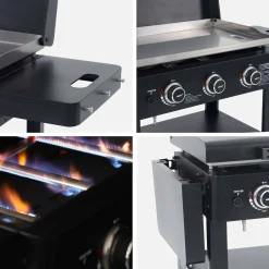 Grelhador a gás 3 queimadores aço inoxidável 12kW com carrinho e utensílios