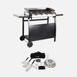 Grelhador a gás 4 queimadores inox 10kW com carrinho com carrinho e utensílios