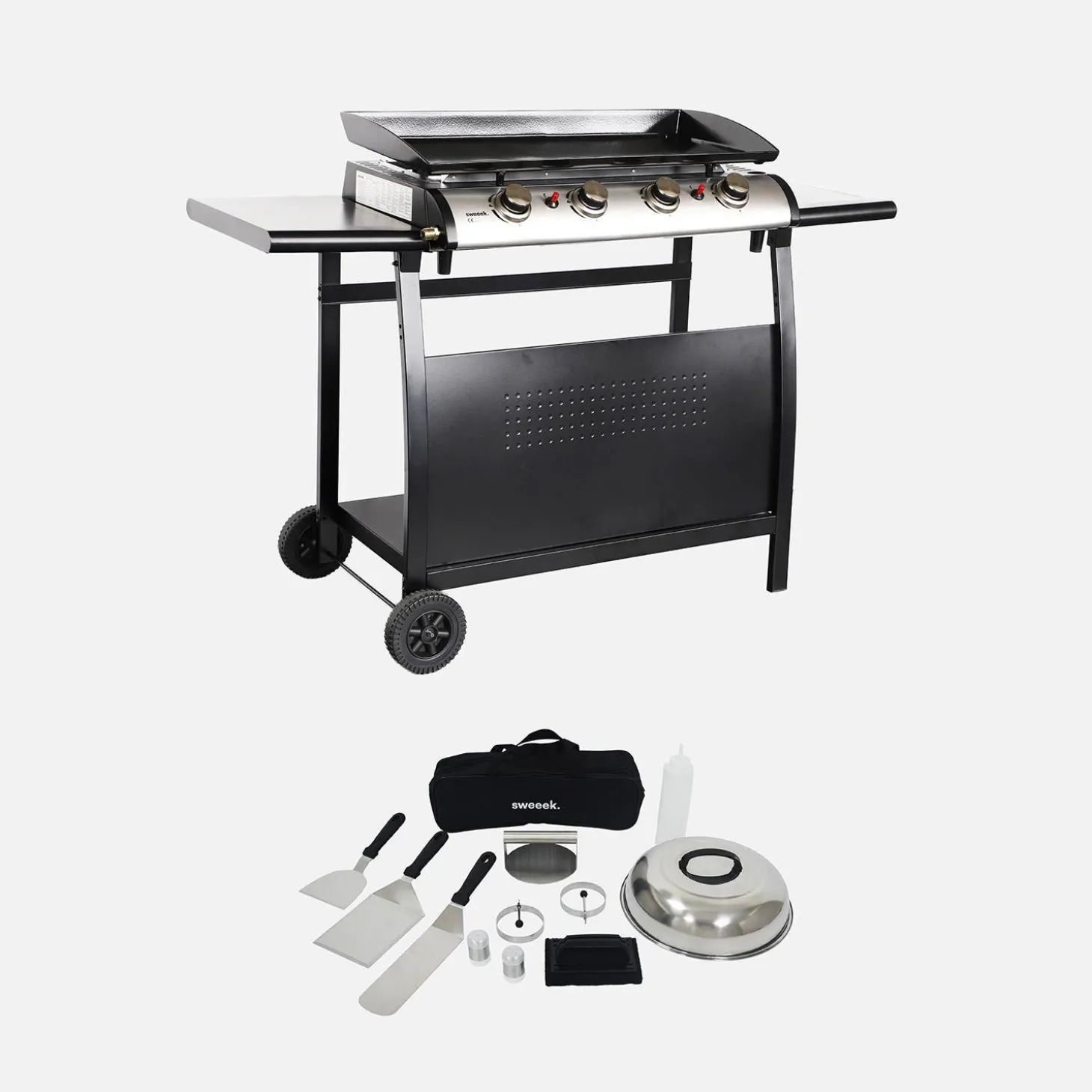 Grelhador a gás 4 queimadores inox 10kW com carrinho com carrinho e utensílios
