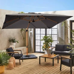 Guarda-sol quadrado excêntrico com mastro efeito madeira, 3x3m