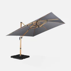 Guarda-sol quadrado excêntrico com mastro efeito madeira, 3x3m