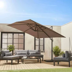 Guarda-sol quadrado excêntrico com mastro efeito madeira, 3x3m