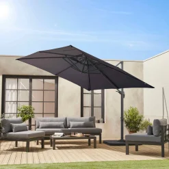 Guarda-sol quadrado excêntrico com mastro efeito madeira, 3x3m