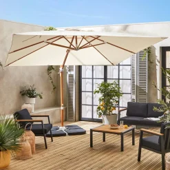 Guarda-sol quadrado excêntrico com mastro efeito madeira, 3x3m