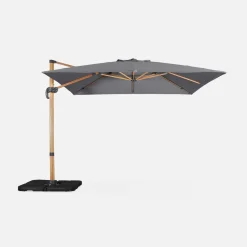 Guarda-sol quadrado excêntrico com mastro efeito madeira, 3x3m + base com peso 50x50cm