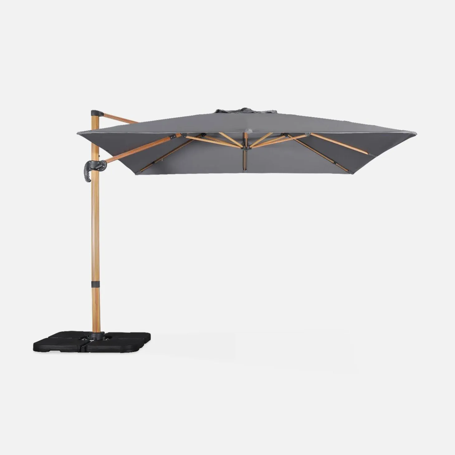 Guarda-sol quadrado excêntrico com mastro efeito madeira, 3x3m + base com peso 50x50cm