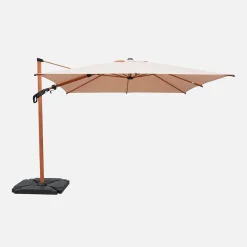 Guarda-sol quadrado excêntrico com mastro efeito madeira, 3x3m + base com peso