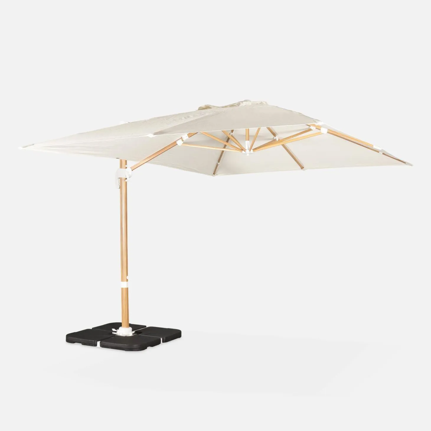 Guarda-sol retangular excêntrico com mastro efeito madeira, 3x4m + placas de peso 50x50cm