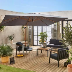 Guarda-sol retangular excêntrico com mastro efeito madeira, 3x4m + placas de peso 50x50cm