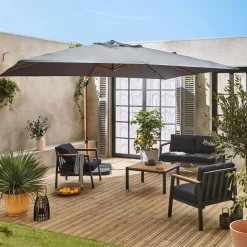 Guarda-sol retangular excêntrico com mastro efeito madeira, 3x4m + placas de peso 50x50cm