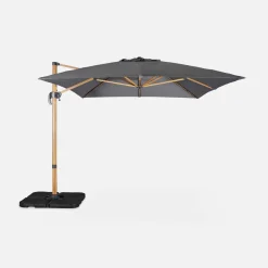 Guarda-sol retangular excêntrico com mastro efeito madeira, 3x4m + placas de peso 50x50cm