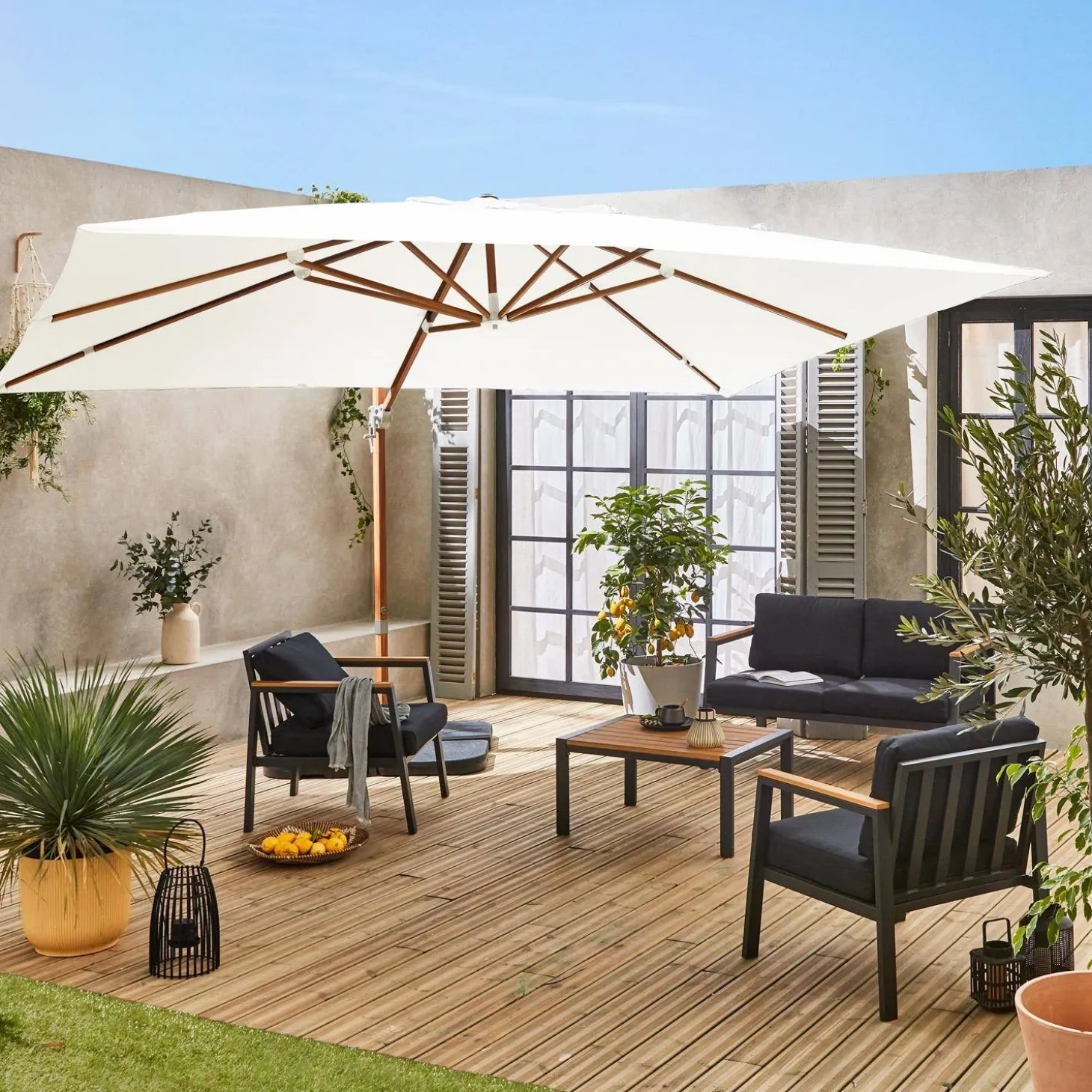 Guarda-sol retangular excêntrico com mastro efeito madeira, 3x4m