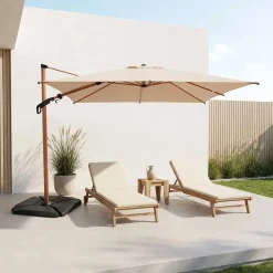 Guarda-sol retangular excêntrico com mastro efeito madeira, 3x4m + base com peso 50x50cm