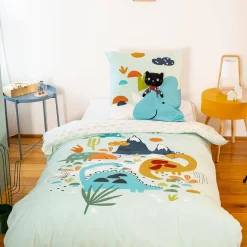 Jogo de cama em algodão reversível com estampado de dinossauros, 140cm