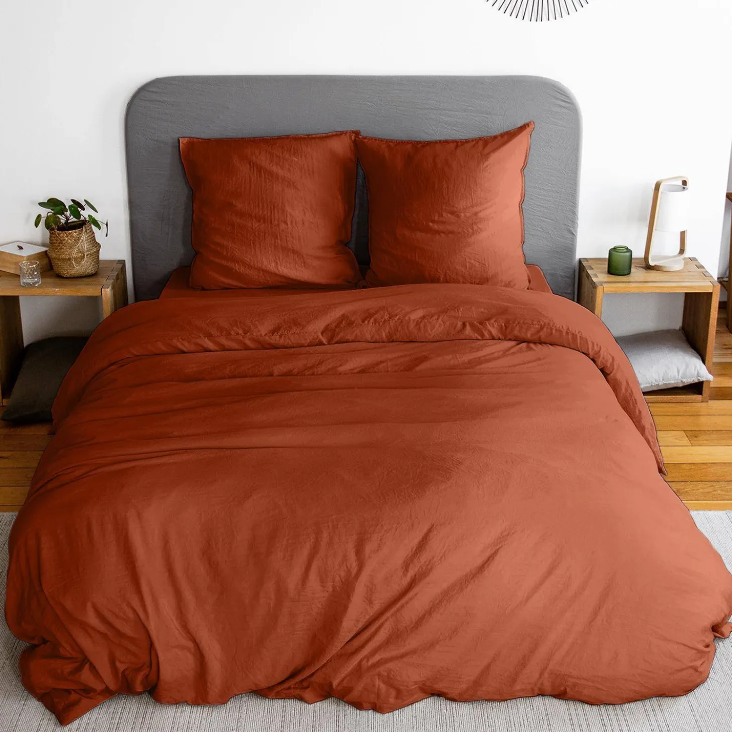 Jogo de cama em microfibra lavada terracota