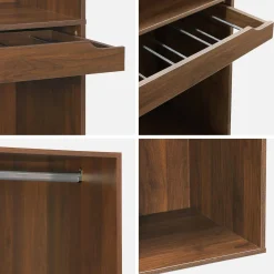 Módulo de closet com acabamento em madeira, varão e porta-calças