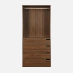 Módulo de guarda-roupa com acabamento em madeira com 4 gavetas e 1 cabideiro