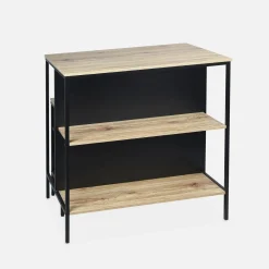 Mesa alta de madeira e metal, 2 prateleiras, 2 bancos
